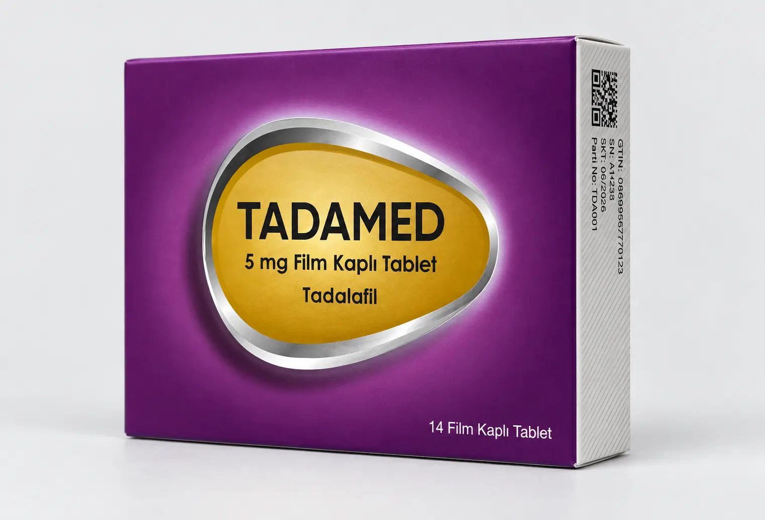 Tadamed 5 mg film kaplı tablet kutusu, mor ambalaj, 14 tablet, tadalafil